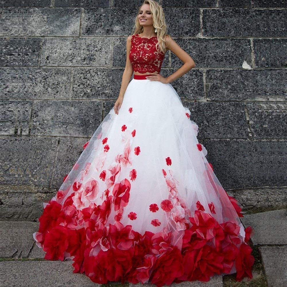 Prom Dresses Two Pieces Red And White A Line Lace Floral Flowers Evening Gowns Jewel Neck Quinceanera Dresses Sweet 16 Gows