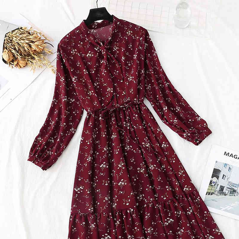 Spring Vintage Printed Dress Women Long Sleeve Bow Casual Chiffon Dresses High Waist Floral A-line Long Dress Female Vestidos 210521