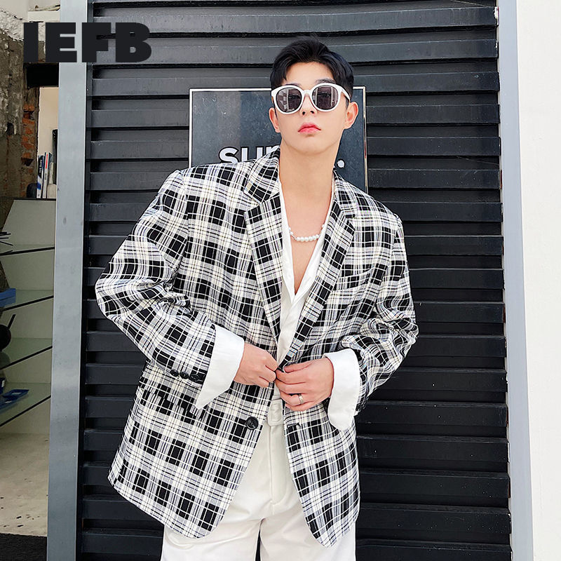 IEFB Spring Summer Korean Loose Vintage Black White Plaid Blazer Men's Temperament Lattice Notched Long Sleevc Suit 9Y7558 210524