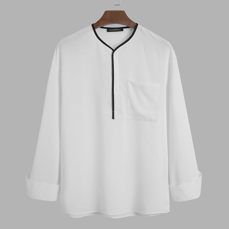 Male Buttons Chemise Mens Leisure Patchwork Shirts Korean Style Long Sleeve V Neck Camisa Hombre Pockets Blusas S-5XL 7 Men's Casual