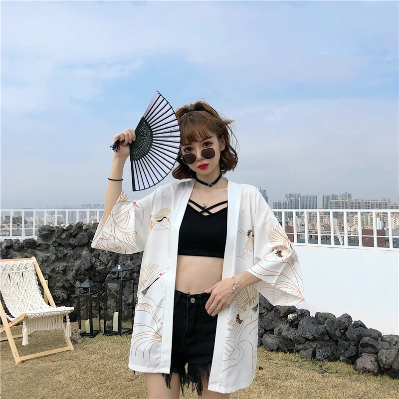 Japanese Kimono Women Harajuku Shirts Embroided Blouses Loose Casual Tops Cosplay With Belt 210519