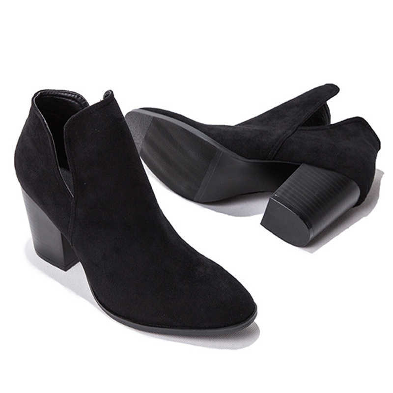 Women's Ankle Boots V Shaped Pointed Toe Women Booties 2021 New Ladies Flock Solid Color Thick Heels Footwear Autumn Plus Size Y0914