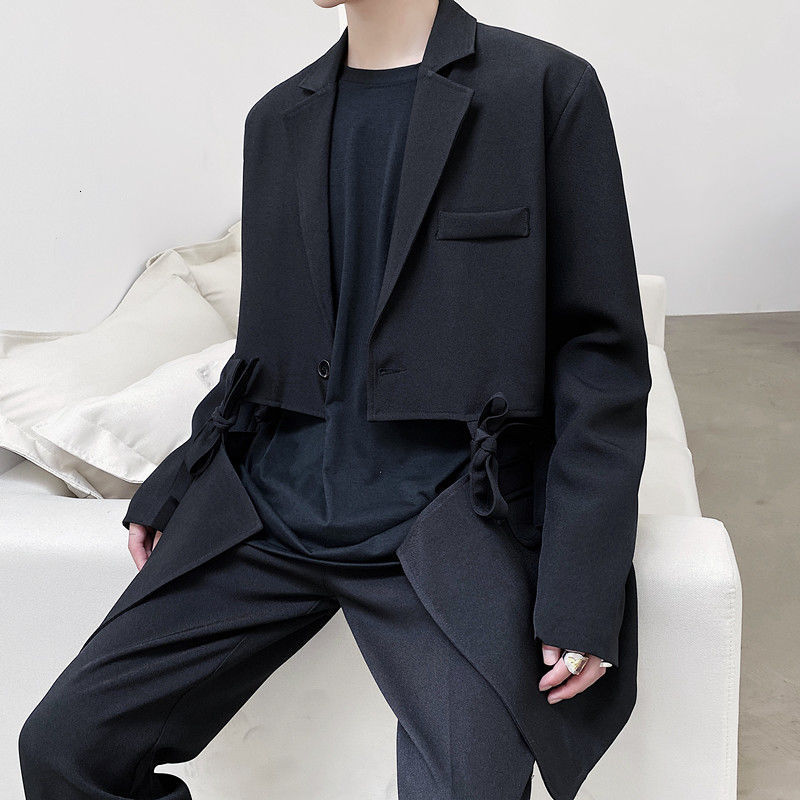 IEFB /men's wear split bandage hem multi-style lace-up suit coat two different wearing single breasted black blazers male Y3933 210524