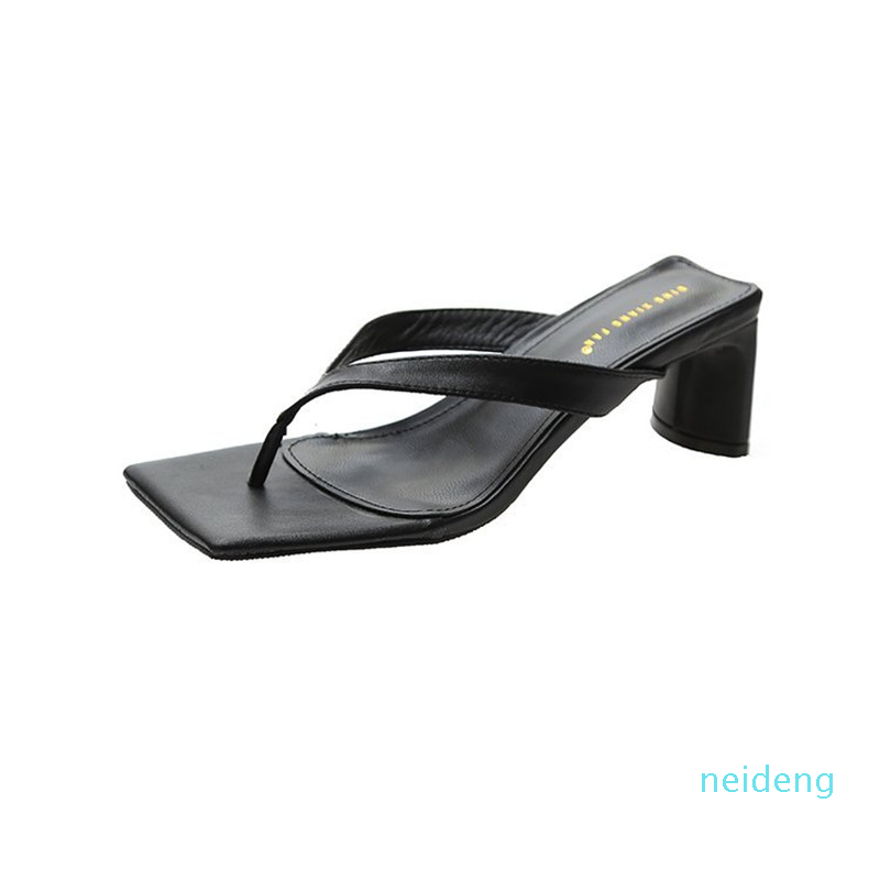 Women Sandalsprint Strappy Heels Sandals Slippers Women High Heels Flip Flops Square Toe Slides Party Shoes Woman Black 2021
