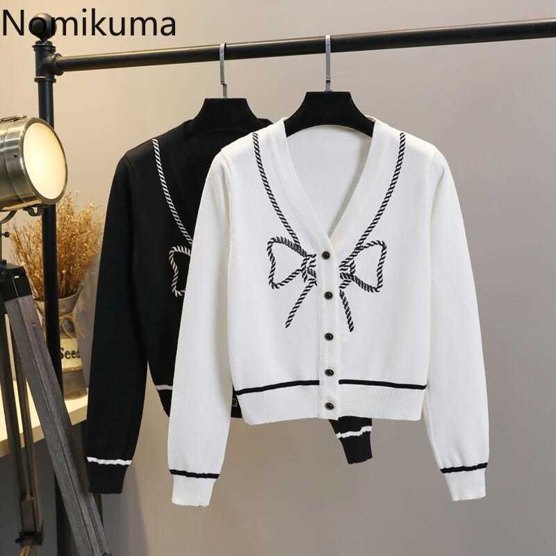 Nomikuma Bowknot Embroidery Knitted Cardigan Women Autumn New Short Knitwear Causal Long Sleeve V-neck Sweater Coat 6C540 210427