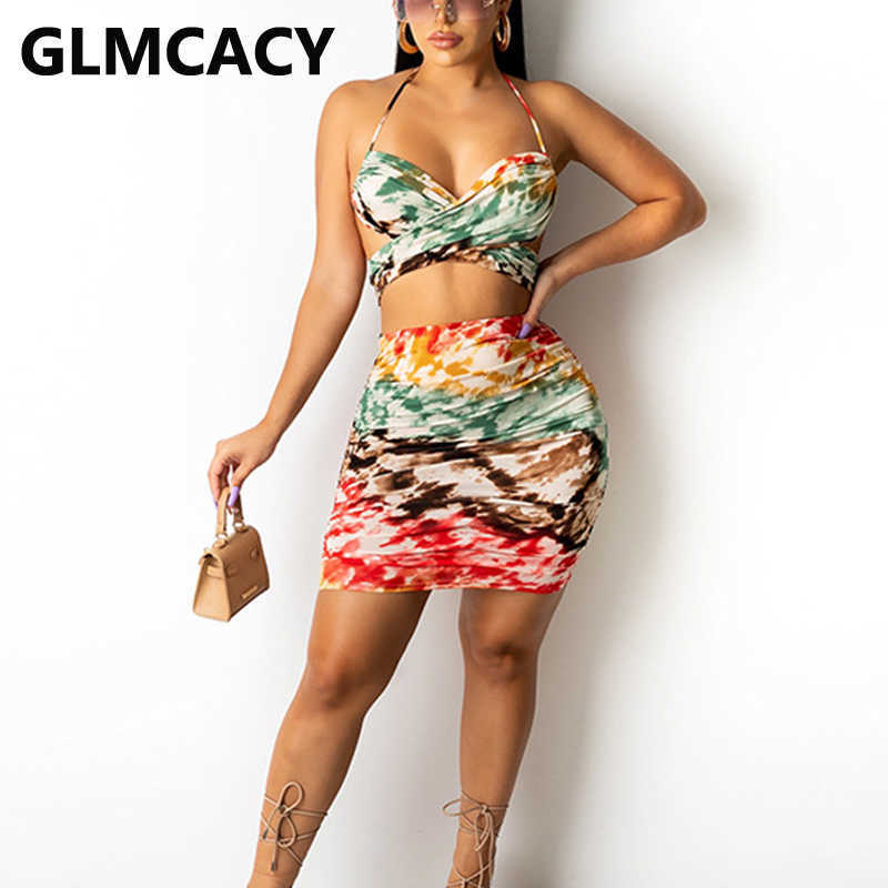 Two Piece Abstract Printed Dress Suits Spaghetti Strap Crop Top & Mini Skirt Set 210702