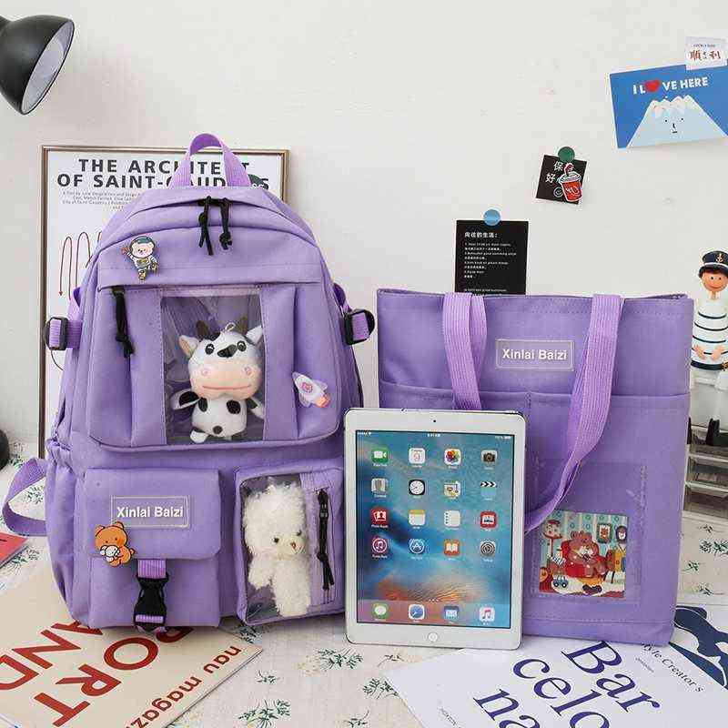 5-piece Fashion Women's Backpack Pure Color Cute Cartoon Student School Bag Canvas Large Capacity Lightweight Travel Backpacks 220209