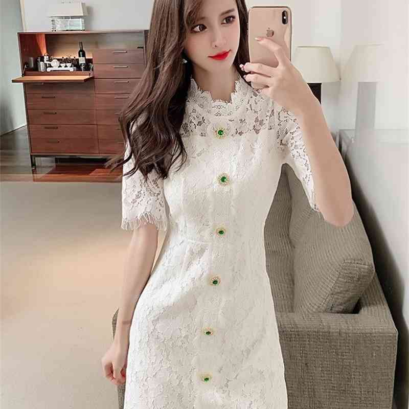 Summer White Dress Vintage Women Diamonds Single Breasted Embroidery Short Sleeve Office OL Bodycon Mini 210519