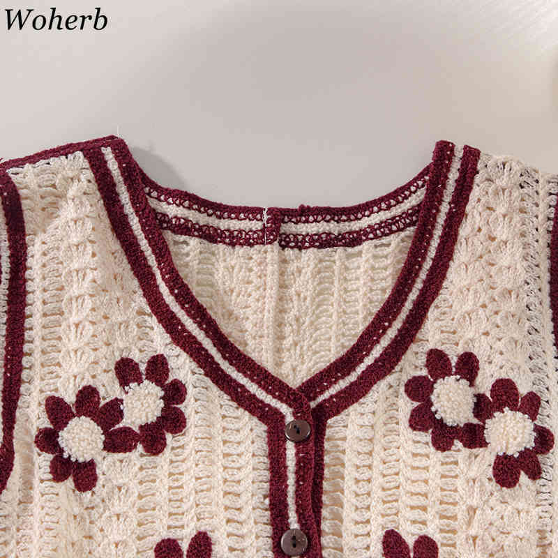 Sweater Vest Women Loose Single Breasted Cardigan Top Elegant All Match V Neck Embroidered Hollow Out Vintage Coat 4i353 210519