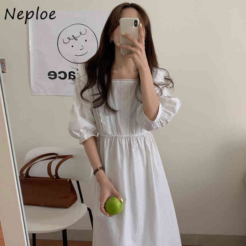 Court Style Lace Hook Flower Dress Women High Waist Hip A Line Long Vestidos Square Collar Sleeve Robe Spring 210422