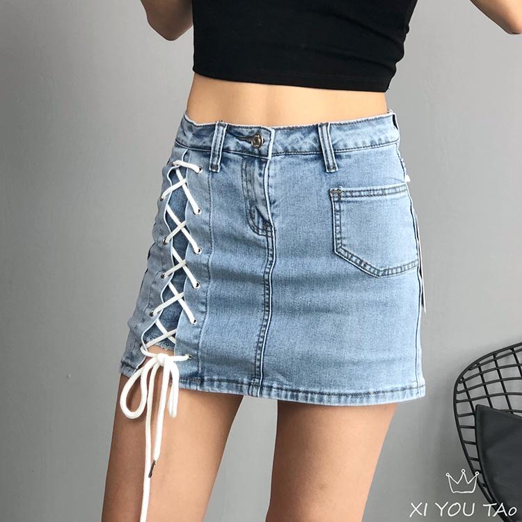 Europe And The United States High Waist Strap Elastic Denim Skirt Slim Package Hip Anti-glare Short Women's Shorts