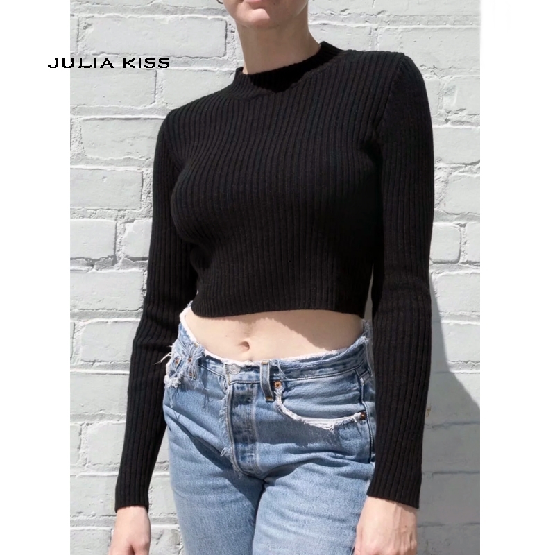 Women Mock Neck Ribbed Crop Sweater Long Sleeve Knit Top 210512