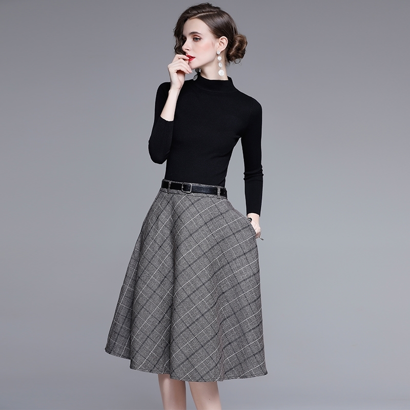 Elegant Women Sweater Top and Plaid Skirt 2 Piece Set fashion Autumn Winter O-Neck Knitted Top+ Lady 210506