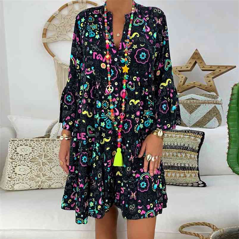 Boho Dres Loose Floral Print Long Sleeve V-collar Button Party Elegant Sexy Dresses Plus Size Vestidos De Festa 210623