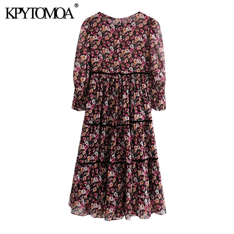 Women Fashion Patchwork Floral Print Chiffon Midi Dress Long Sleeve With Lining Female Dresses Vestidos 210420