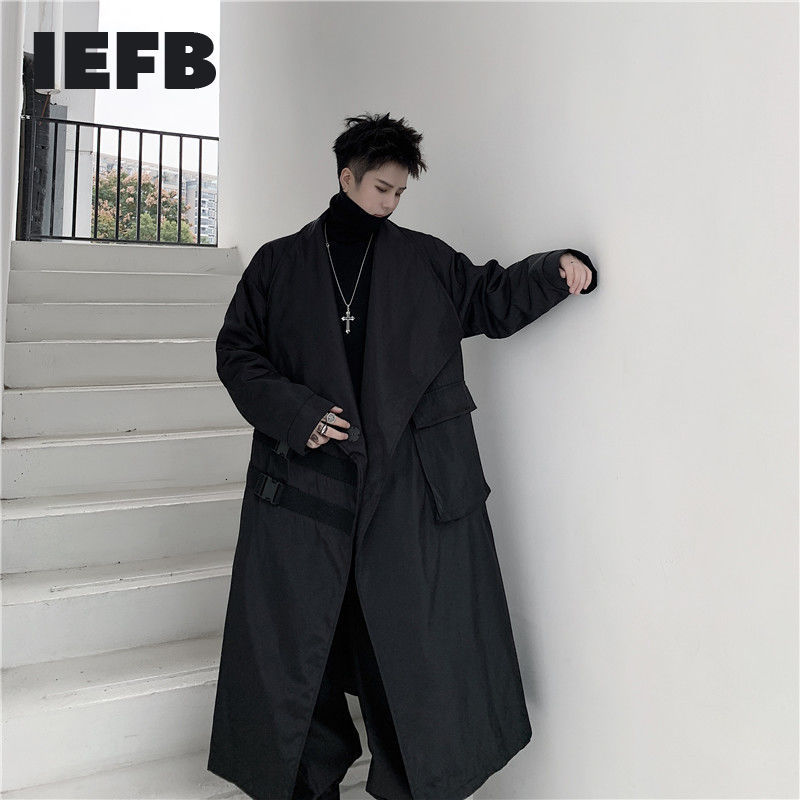 IEFB Big Lapel Black Long Trench Coat For Men Spring Carabiner Decorative Pockets Loose Big Size Windbreaker 9Y4708 210524