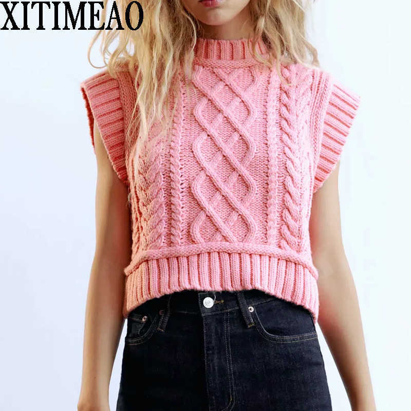 ZA Women Sweet Fashion CabLe Knitted Cropped Vest Sweater Vintage High Neck Sleeveless Female Waistcoat Chic Tops 210602, Pink
ZA Women Sweet Fashion CabLe Knitted Cropped Vest Sweater Vintage High Neck Sleeveless Female Waistcoat Chic Tops 210602, Pink
