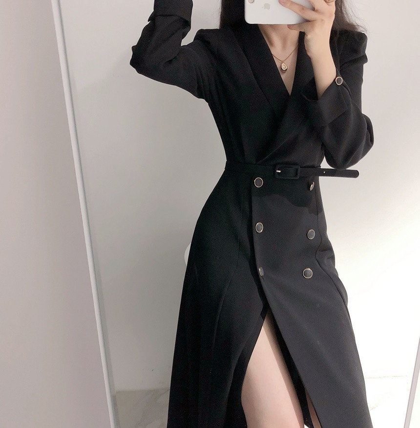 Autumn Elegant For Women Turn-Down Collar Office Vestidos Lady Double-Breasted Long Dresses 210520
