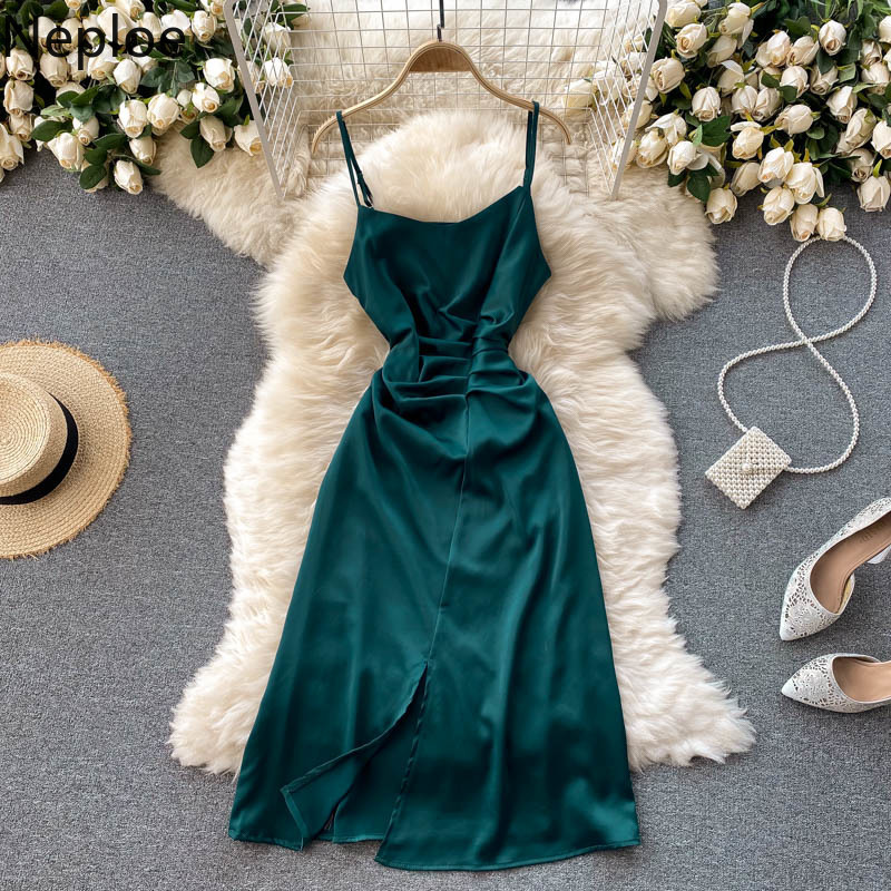Neploe Ladies Dress Summer Temperament Fold Slim Suspender Dresses Solid Color Slim Fit High Waist Robe Fashion Split Vestidos 210422