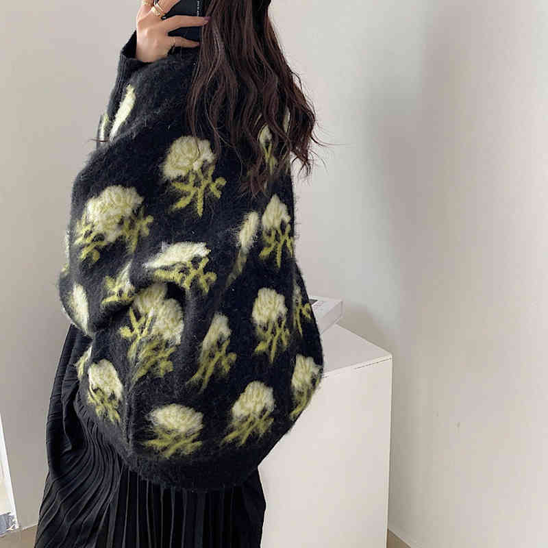 Comelsexy Knit Autumn Winter Vintage Pullover Flower Embroidery Casual Loose Sweater O-Neck Outwear Tops 210515