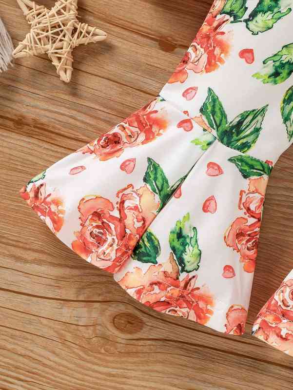 Baby Floral Print Ruffle Trim Bodysuit & Flare Leg Pants & Headband SHE