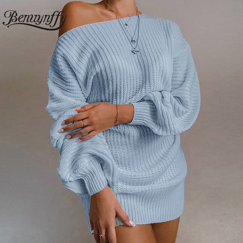 Women Autumn winter Off Shoulder Knitted Sweater Dresses Oversized Lantern Sleeve Casual Solid Dress 210510