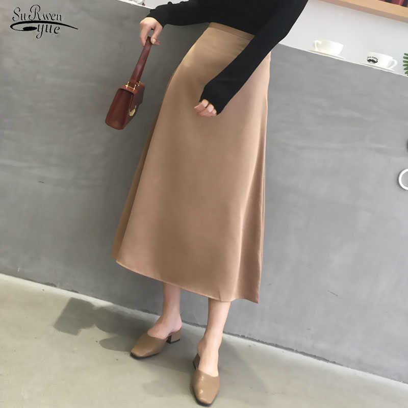 Summer Elegant Women Skirt Ladies Satin Plain Shiny Vintage s Solid Office High Waist Fashion Party s chic 210619