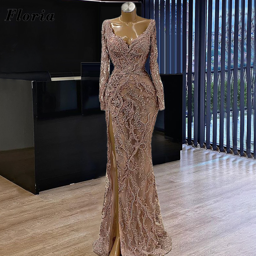 Robe De Soiree Illusion Beaded Prom Dresses Custom Long Sleeve Mermaid Formal Dubai Middle East Evening Party Gown 2021 Celebrity Dress