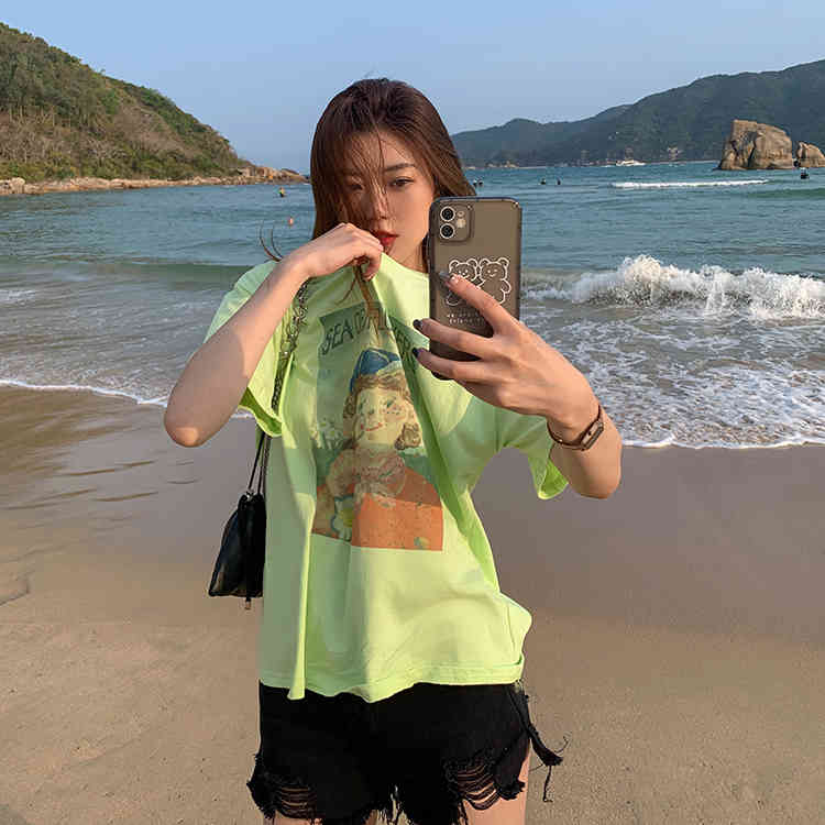 2 Colors Summer korean style Cartoon Little Girl Short Sleeve t-shirt Womens tops Tees shirt femme (F4305) 210423