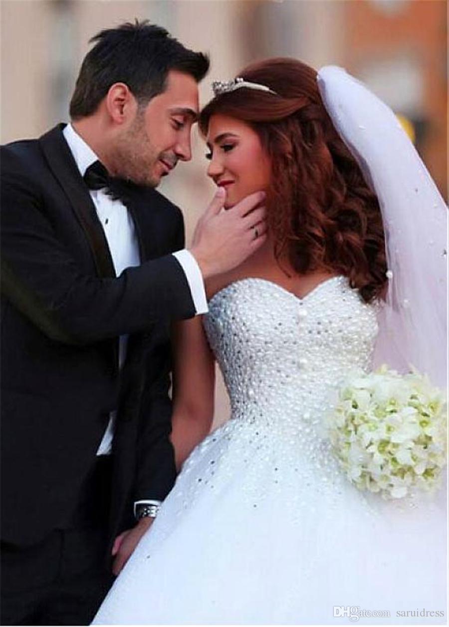 Ball Gown Beaded Wedding Dresses Pearls Sweetheart Necke Tulle Or Length Custom Made Plus Size Corset Back Vestido De Novia