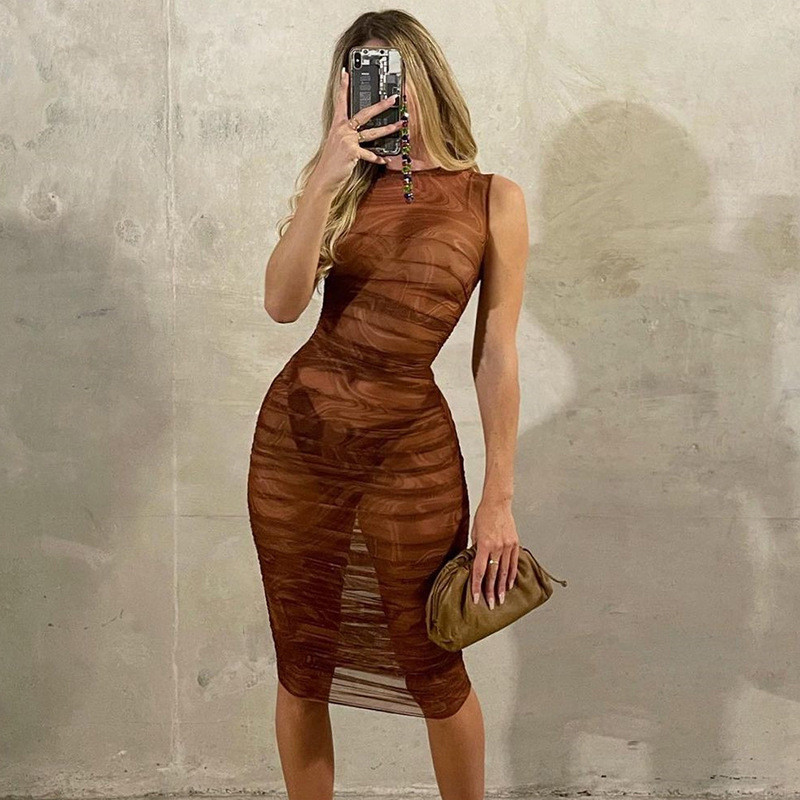 Mesh Folds Maxi Dress Women Stacked Hollow Out See Through Bodycon Sexy Summer Sleeveless Clubwear Midnight Club Skirt, Brown
Mesh Folds Maxi Dress Women Stacked Hollow Out See Through Bodycon Sexy Summer Sleeveless Clubwear Midnight Club Skirt, Brown
