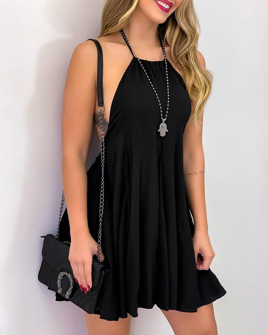 Sexy Halter Women Mini Dress Summer Backless Sleeveless Elastic Waist Black Dresses Female Off Shoulder A-Line Sundress Vestidos 210522
