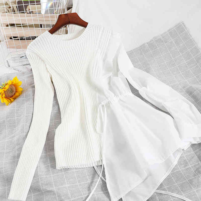 Nomikuma Korean Patchwork Irregular Women Knitwear Drawstring Slim Waist Pullovers Causal Long Sleeve Elegant Knitted Tops 6E171 210427