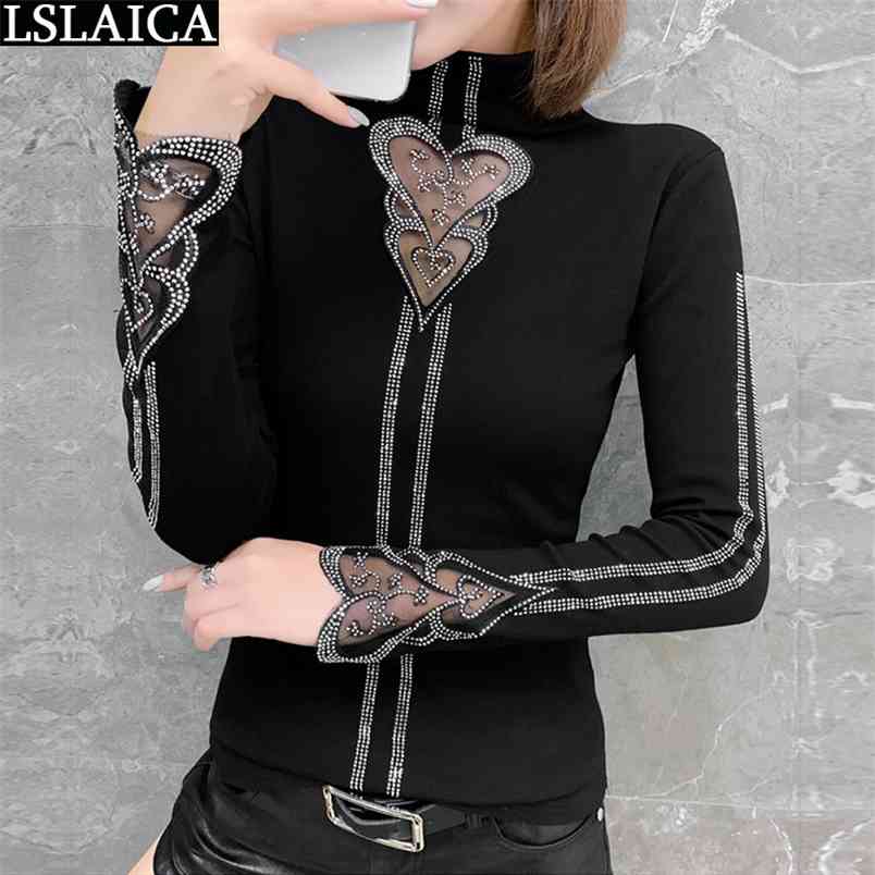 Casual women tops and blouses black turtleneck slim heart hollow out plus size fashion elegant diamonds 210515