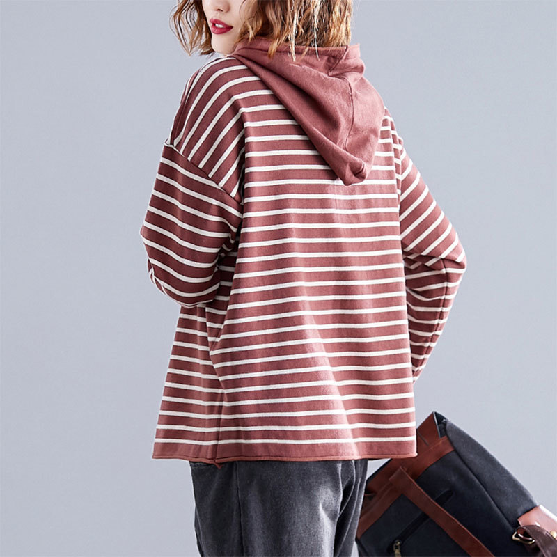 Spring Autumn Arts Style Women Long Sleeve Loose Hooded Pullovers All-matched Casual Striped Knitted Hoodies Big Size M649 210512