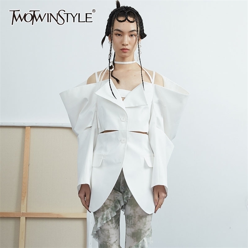 TWOTWINSTYLE Loose White Blazer For Women Notched Collar Long Sleeve Hollow Out Casual Blazers Female Fashion Clothing 211122