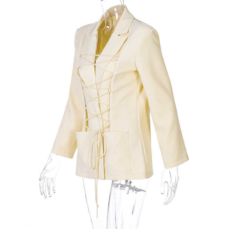 Colysmo Autumn Collared Shirt Lace up Cut out Pocket Notched Blazer Sexy Black Blouse Women Elegant Party Club Outfits 210527