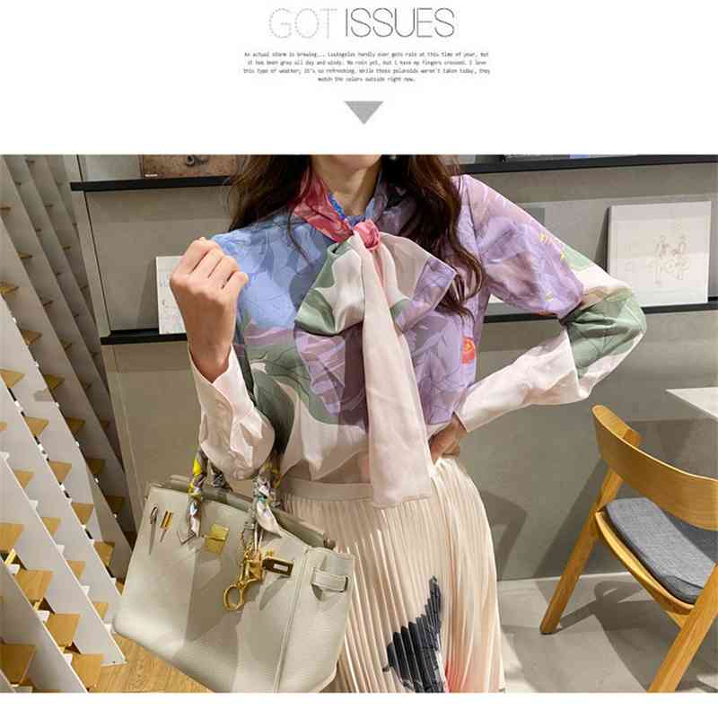 High Quality Autumn Fashion Bow Collar flowers printing Long sleeve Blouse Top+ Midi Pleated Skirt Flower 2PCS Clothing Set 210519