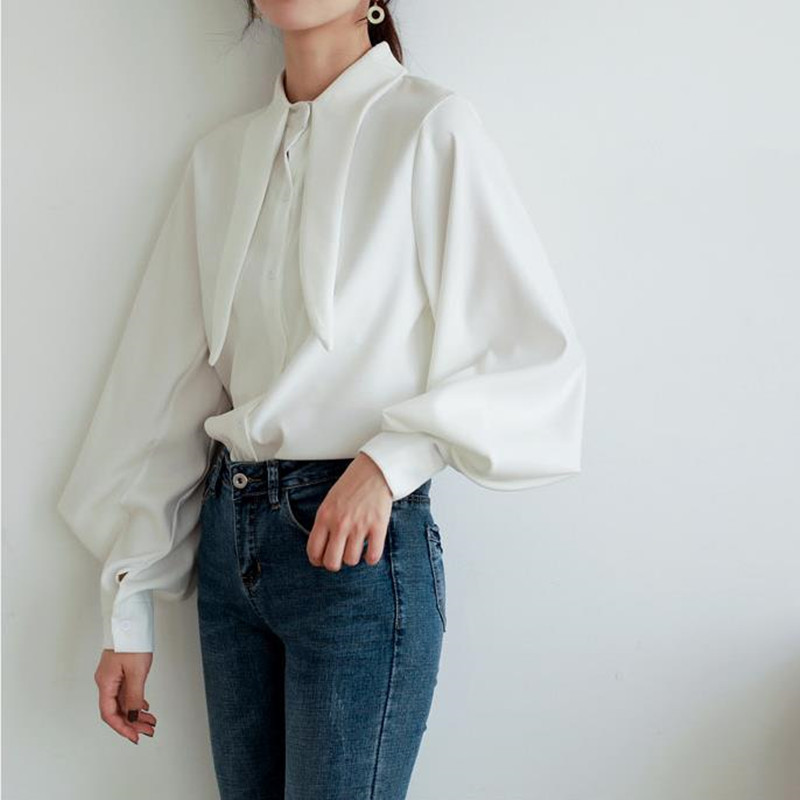 Elegant Vintage OL Shirts Spring Autumn Solid Lantern Sleeve Women Loose Blouses Tops Plus Size 210421