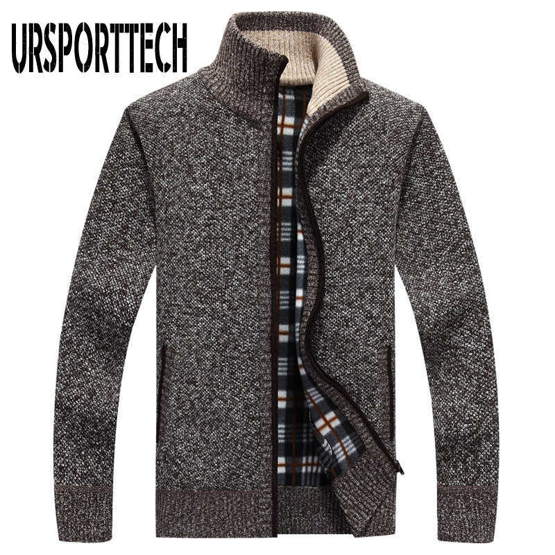 URSPORTTECH Knitted Mens Sweater Cardigan Coat Casual Faux Fur Wool Sweater Jackets Men Knitting Sweater Plus Size Warm Cardigan 211008