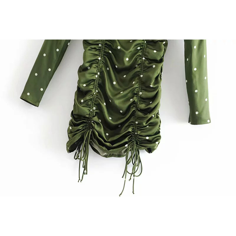 Stylish Sweet Green Polka Dot Ruched Dress Cute Women Square Collar Dresses Casual Vestidos for Girls Streetwear Outfit 210520