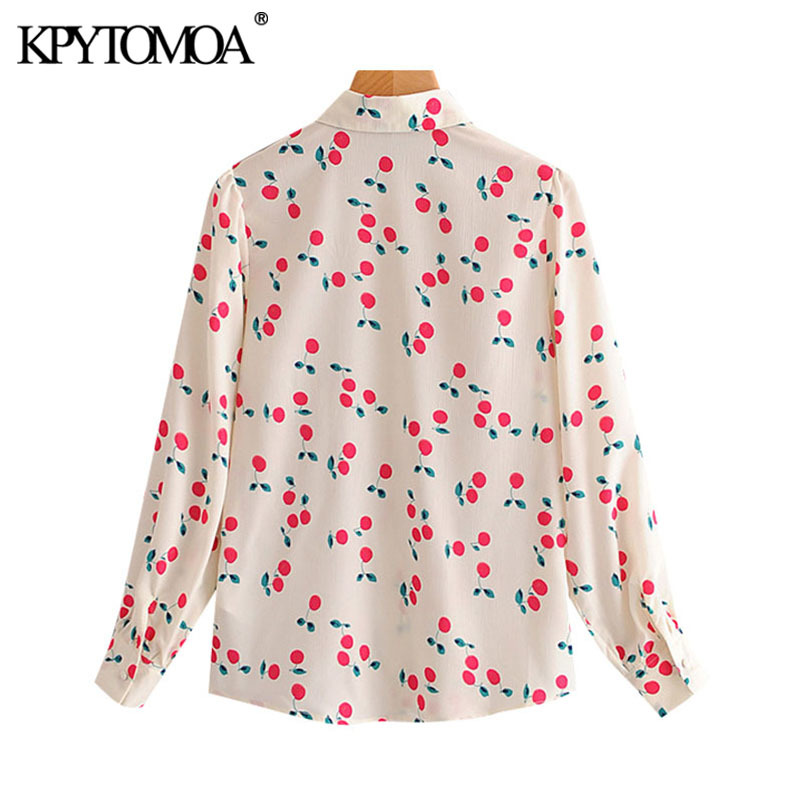 Women Fashion Cherry Print Loose Blouses Long Sleeve Button-up Female Shirts Blusas Chic Tops 210420