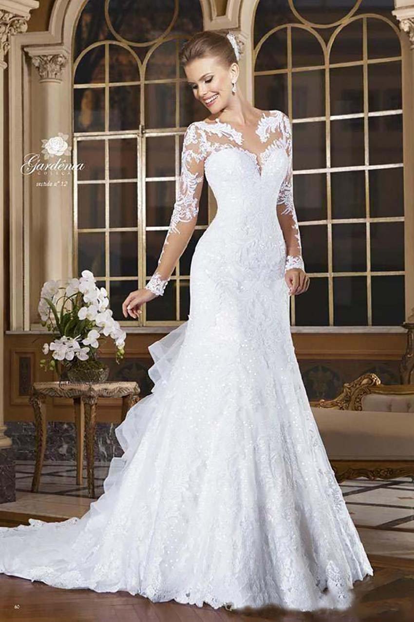 2024 Vintage Romantic Long Sleeves Mermaid Wedding Dresses Applique Lace Sheer Neck Bride Dress vestidos de novia robe de mariage