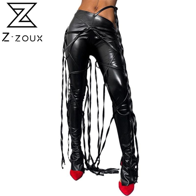 Women Pants Capris Black PU Leather Pleated Ribbon Split Trousers Fashion High Waist 210513