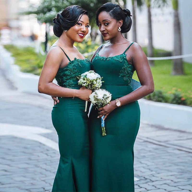 Dark Green African Bridesmaid Dresses Lace Applique Spaghetti Strap Mermaid Long Wedding Guest Party Dress Maid Of Honor Gowns
