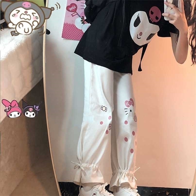QWEEK Kawaii Cartoon Print White Wide Leg Pants Women Korean Fashion Cute Oversize Loose Trousers for Female Soft Girl Pink 211115