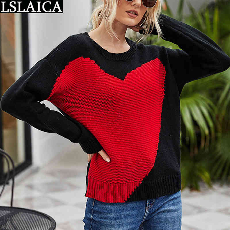 Casual Sweater Women Heart Patchwork Long Sleeve O Neck Pullovers Woman Sweaters Fashion Loose Female Tops Autumn High Street 210515