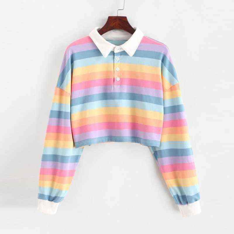 Women Sweatshirt Long Sleeve Rainbow Color Ladies Hoodies With Button Striped Korean Style Sweatshirt Women 211109