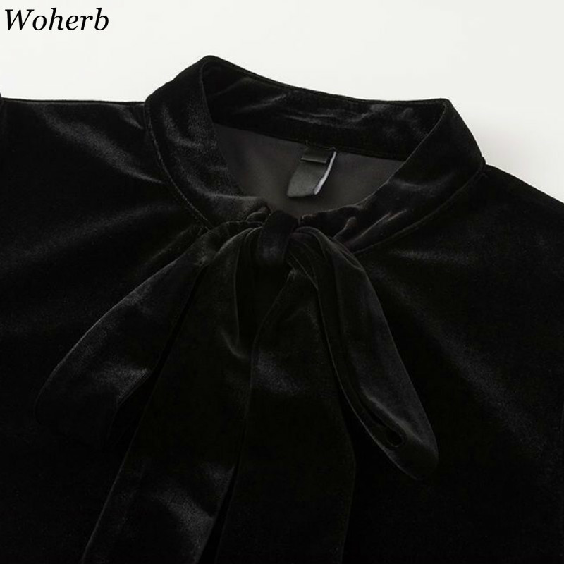 Blusas Mujer De Moda Pleuche Shirt Puff Sleeve Bow Plus Velvet Thicked Blouses Women Lace Up Black Blouse Tops 4G712 210519