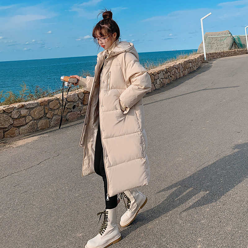 Korean casual mid-length down padded jacket women's long section over the knee loose and thick fashion bread 211013
